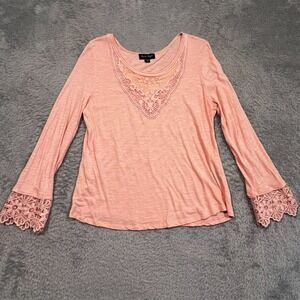 Charlie Paige Blouse Womens L/XL Peach Slub Knit Lace Trim Boho Cottagecore